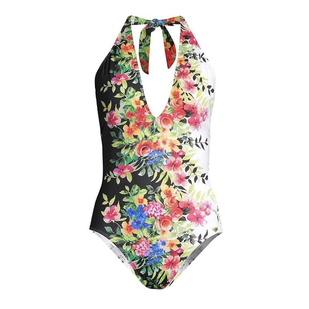Johnny Was L Spring Halter One Piece Swim‎ Suit Floral Plunging $198 NWT
